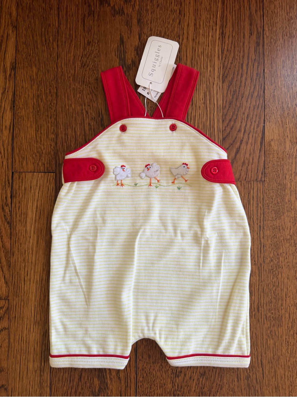 NWT Squiggles Yellow Stripe Chicken Appliqué Romper with Red Trim 3/6m